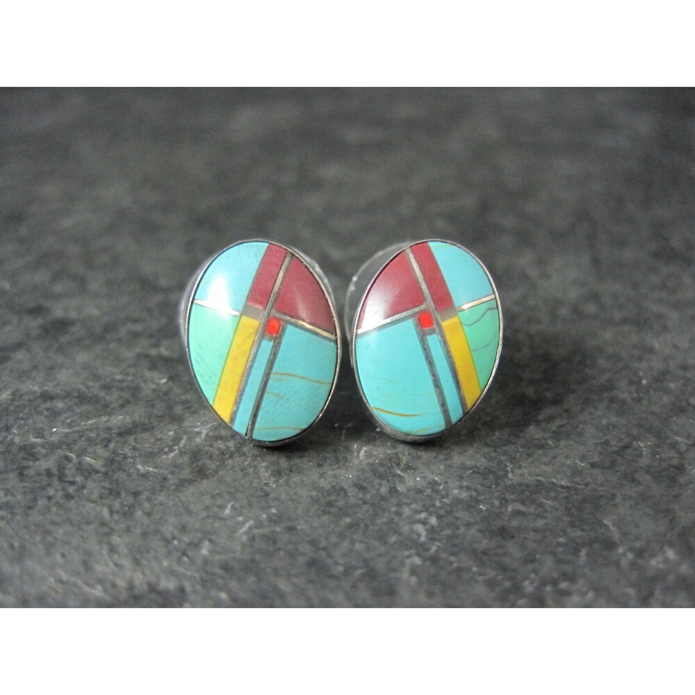 Vintage Sterling Inlay Earrings Southwestern Silver